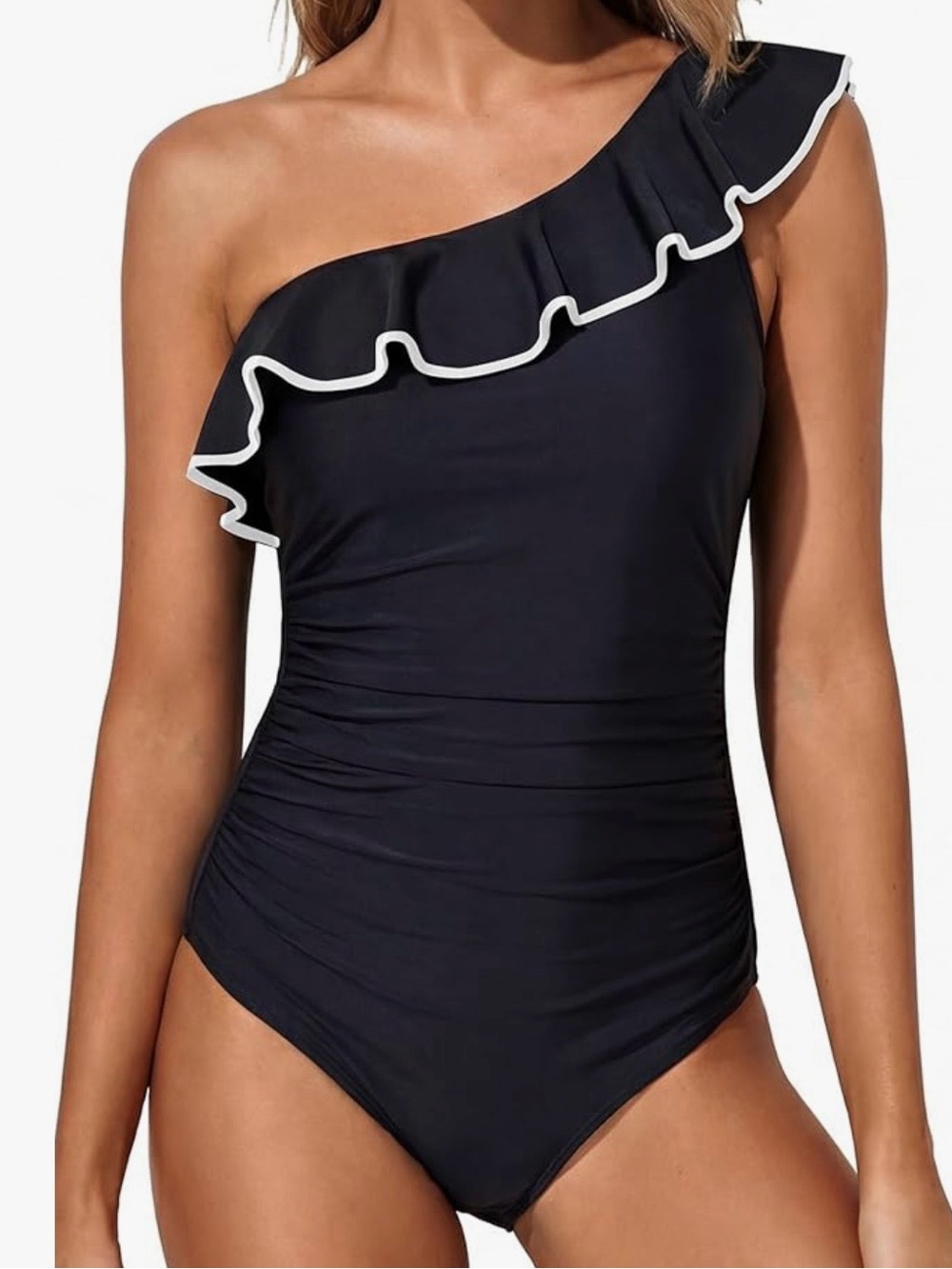 One-Shoulder Black Ruffle Swimsuit with White Trim 18W by Tempt Me-NWT